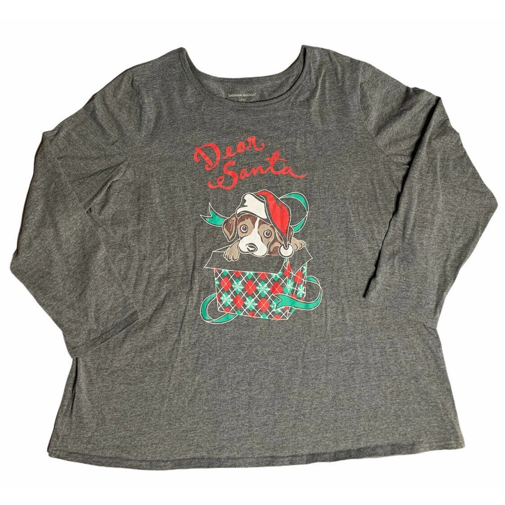 Woman Within Gray Dear Santa Christmas Puppy Dog Long Sleeve Shirt Size 22/24 1X